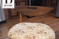 Wooden chair with floral-patterned cushion in a kitchen setting, labeled "Before."