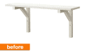 Wall-mounted white shelf with two supporting brackets, labeled "before" in orange.