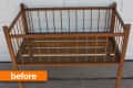 Wooden crib frame with vertical slats, labeled "before" in orange text.