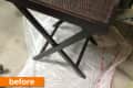Dark wooden tray table with textured surface on a plastic sheet, labeled "before."