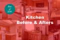 Collage of kitchen renovations with various styles and layouts, featuring wooden cabinets, stoves, and countertops.