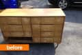 Worn wooden dresser with multiple drawers, scratches, and a missing bottom drawer, labeled "before."
