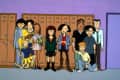 Group of animated high school students standing in front of lockers, each with distinct outfits and expressions.