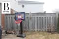 Outdoor basketball hoop in a backyard with a wooden fence and potted plants.