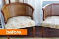 Two vintage cane-back chairs with floral upholstery on a wooden floor, labeled "before."