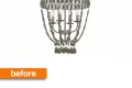 Metal chandelier with beaded chains and candle-style lights, labeled "before" in orange.