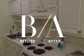 Small kitchen with white cabinets, electric stove, and sink, labeled "Before/After."