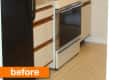 Small kitchen with black fridge, beige cabinets, white stove, and microwave on counter. "Before" label in orange.