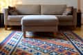 Beige sofa with patterned cushions, colorful geometric rug, and two botanical prints on the wall.