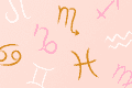 Astrological symbols in pink, white, and gold on a peach background.