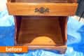 Wooden nightstand with a single drawer and open shelf, placed on a blue tarp, labeled "before."