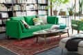 Green sofa with striped pillows, patterned armchair, bookshelves, and plants in a cozy living room.