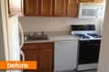 Small kitchen with wooden cabinets, white appliances, and a gas stove. Orange "before" label in the corner.