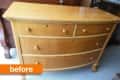 Wooden dresser with curved front and four drawers, labeled "before" in orange text.