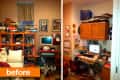 Cluttered home office with orange shelves, books, computer, and wall art.