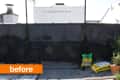 Rooftop area with black wall, bags of soil, and a potted plant, labeled "before."