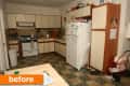 Cluttered kitchen with beige cabinets, white fridge, stove, and cleaning supplies on tiled floor.