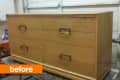 Wooden dresser with six drawers and metal handles, labeled "before."