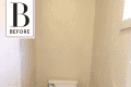 Small bathroom with a toilet, beige walls, and tiled floor, labeled "Before."