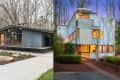 Two modern homes in wooded settings; one with a sloped roof, the other with a flat roof and large windows.