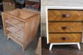 Wooden dresser transformation with chevron-patterned drawers and leather handles, before and after comparison.