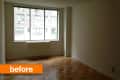 Empty room with parquet flooring, large window, and white walls, labeled "before" in orange.