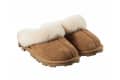 Brown suede slippers with fluffy white lining and rugged soles.
