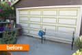 Garage door with green trim, surrounded by plants and outdoor furniture, labeled "before."