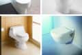 Four modern toilet designs in different settings, including wall-mounted and floor models.