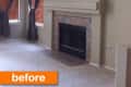 Empty living room with beige walls, brown curtains, and a fireplace, labeled "before" in orange.