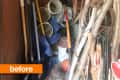 Cluttered shed with gardening tools, buckets, and storage bins on shelves.