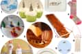 Collage of sled-themed items: cupcakes with tree toppers, sled plate, patterned socks, toy sleds, and sled cookie cutter.