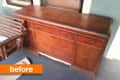 Wooden sideboard with drawers and cabinets on a porch, labeled "before."