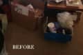 Cluttered living room with exercise ball, boxes, and scattered items on a table and floor.
