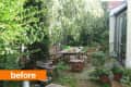 Overgrown garden with wooden table, chairs, potted plants, and dense greenery.