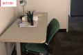 Cluttered office desk with lamp, papers, pen holder, and green chair.