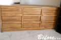 Wooden dresser with multiple drawers on a carpeted floor, labeled "Before" in the bottom right corner.