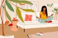 Woman meditating on a sofa in a cozy room with plants, a broom, books, and a cup on a side table.