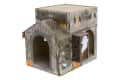 Haunted house-themed cat playhouse with ghost and pumpkin decorations.
