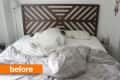 Unmade bed with geometric wooden headboard and gray bedding, labeled "before."