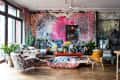Eclectic living room with vibrant floral wallpaper, patterned furniture, plants, and colorful decor on a wooden floor.
