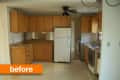 Outdated kitchen with wooden cabinets, white appliances, and ceiling fan, labeled "before."