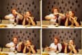 Couple at a dining table opening wine, laughing, and enjoying drinks against a decorative wall.