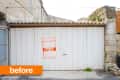 Old white garage door with a corrugated roof, orange sign, and "before" label in the bottom left corner.