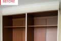 Empty wooden wardrobe with two sections and a "Before" label.