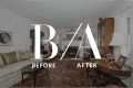 Living room with floral sofa, green pillow, wooden tables, ornate rug, and large cabinet, featuring "Before/After" text overlay.