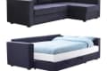 Dark blue sectional sofa with pull-out bed feature, shown in sofa and bed configurations.