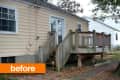 Small wooden deck attached to a beige house with sliding glass doors and a "before" label.