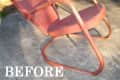 Rusty red metal patio chair on concrete, labeled "BEFORE."