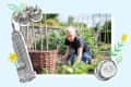 Person gardening with a wicker basket, surrounded by illustrated tomatoes, cucumbers, and a building.